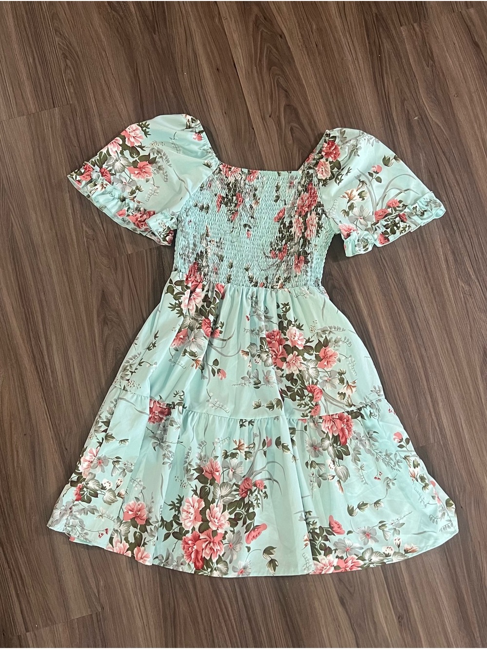 Floral Smocked Puff-Sleeve Kids Dress in Mint